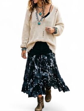 Metro Wear Vintage Tie Dye Tiered Cotton Broomstick Midi Skirt M